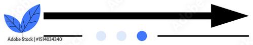 Blue leaf with bold black arrow pointing right, complemented by three circular accents. Ideal for growth, progress, ecology, sustainability, eco-consciousness, direction, simple landing page