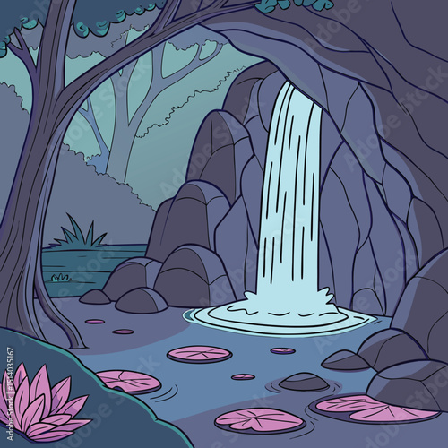 waterfall flowing into a glowing cave vector  