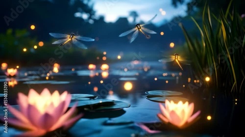 Wallpaper Mural Pink Lotus Flowers In Pond With Dragonflies At Night Torontodigital.ca