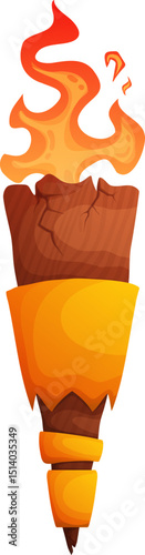 Cartoon Wooden Torch with Burning Flame, Ancient Lighting Tool for Adventures.