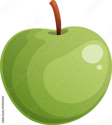 Cartoon Green Apple Illustration with Shiny Surface and a Short Brown Stem.