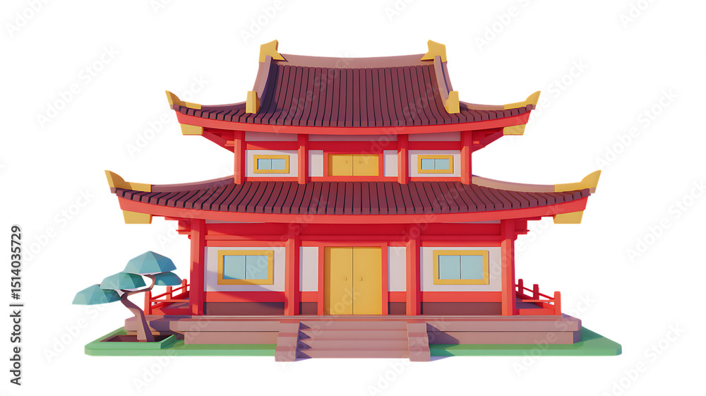 Obraz premium Low Poly Asian Pagoda Temple with Tree Illustration on Transparent Background