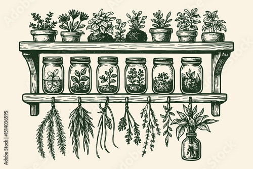 Herb shelf with jars and plants engraving style vector illustration
