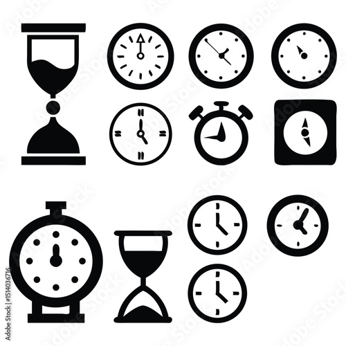A vector set of clock icons illustrating time, watch, hour, minute, and alarm concepts