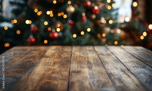 Empty wooden table with christmas theme in background
