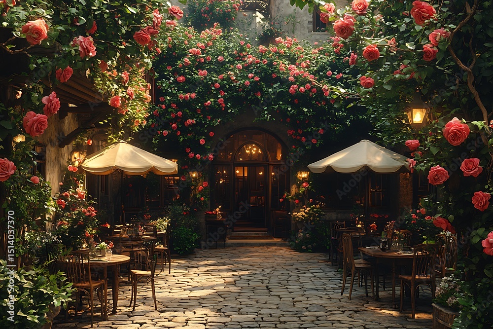 Fototapeta premium Floral Courtyard Cafe With Rose Walls High Resolution Picture