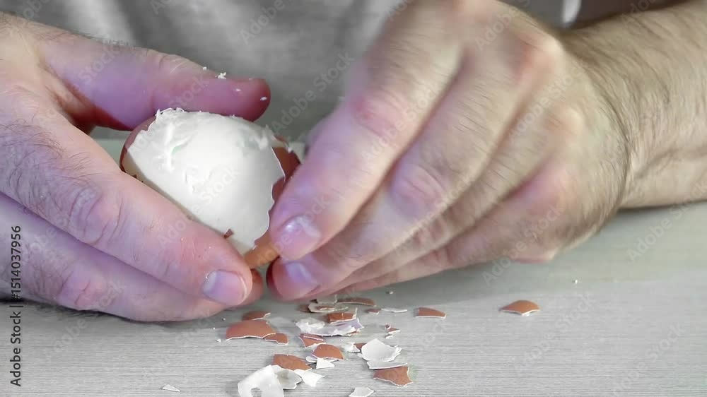 Hands peeling hard boiled egg in fast motion removing shell pieces, time lapse cooking preparation on wooden surface with scattered eggshells. Concept of cooking tutorials, recipe content, food blogs.