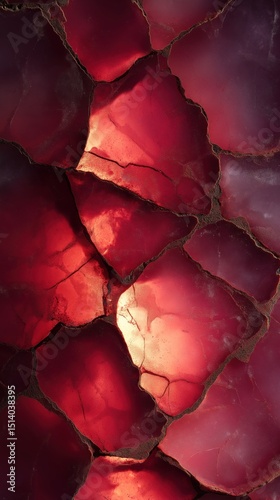 Abstract red gemstone surface texture, fractured with glowing golden lines and rich color