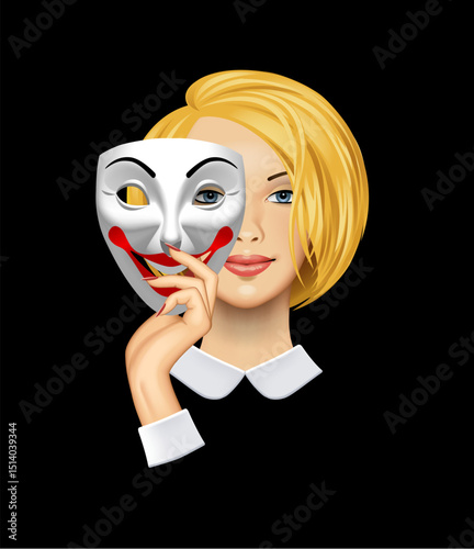 Blonde girl covers half her face with a smiling Joker mask in her hand on black background. Vector illustration in 3d style
