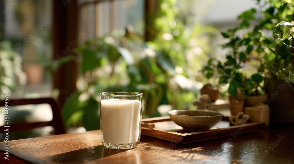 Glass of milk on a wooden table with plants in the background Glass of milk on a wooden table with plants in the background