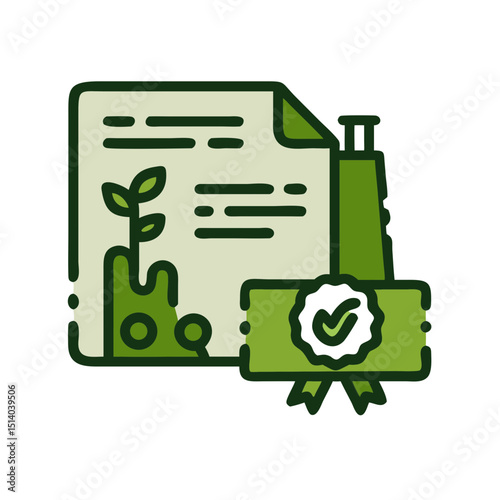 Green manufacturing certification icon featuring document, chimney, and award representing modern eco-friendly production
