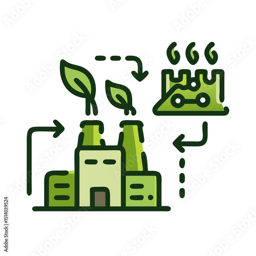 Green manufacturing network icon featuring factories and leaves representing modern eco-friendly production