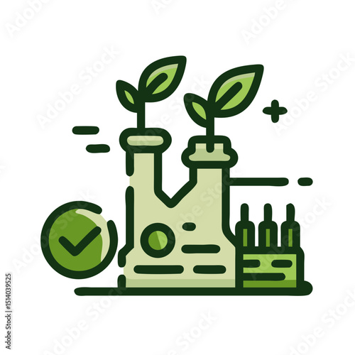 Green manufacturing standards icon featuring factory, leaves, and certification symbol representing modern eco-friendly production
