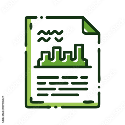 Green manufacturing white paper icon featuring document with factory illustration representing modern eco-friendly production