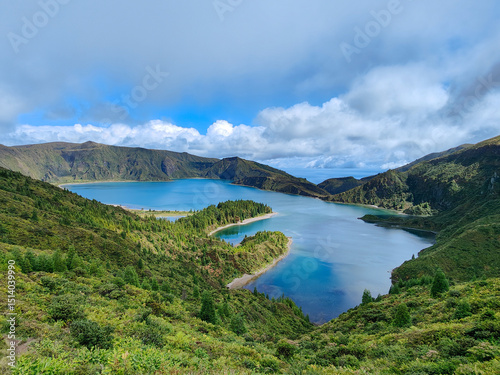 Picturesque view of Lagoa do Fogo crater lake with turquoise water. Tranquil mountain nature landscape. Sao Miguel Island, Azores, Portugal