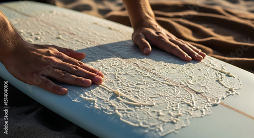 Hands applying wax to a surfboard on a sandy beach during sunset. The warm light creates a serene atmosphere as the ocean awaits surfers eager for adventure.