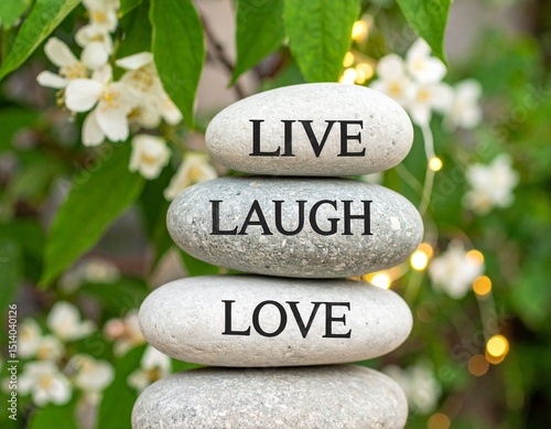 Live Laugh Love on stacked rocks in garden