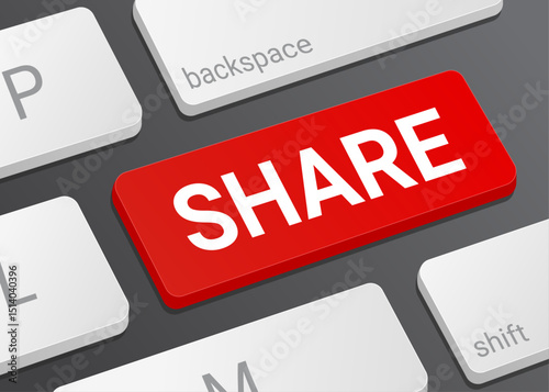 Close Up Share Button on Laptop or Computer Keyboard for Social Media, Content Distribution, and 3D Communication Illustration