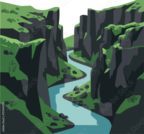 Rocky canyon river flowing through steep green cliffs nature landscape vector illustration 