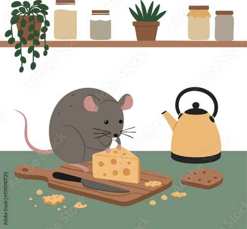 Cute mouse eating cheese on wooden board with kitchen kettle and plants vector illustration 