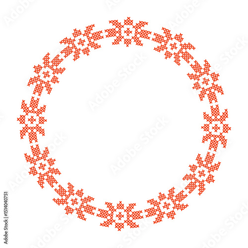 Circular cross-stitch floral ornament with red pattern and copy space