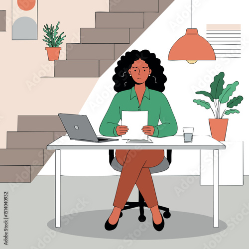 Woman Sitting at Desk Working with Laptop and Papers in Modern Interior Space 