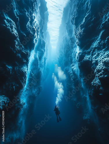 A lone scuba diver exploring a deep underwater crevice with light streaming through the ocean. Generative AI
