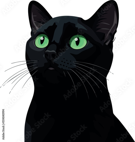 Black cat with bright green eyes looking up vector illustration portrait 