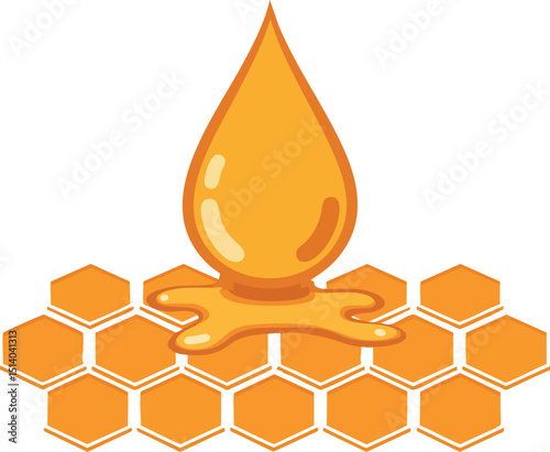 Honey drop dripping on honeycomb hexagonal cells vector illustration in orange color 