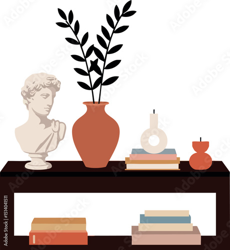 Decorative shelf with classical bust statue terracotta vase and books vector illustration 