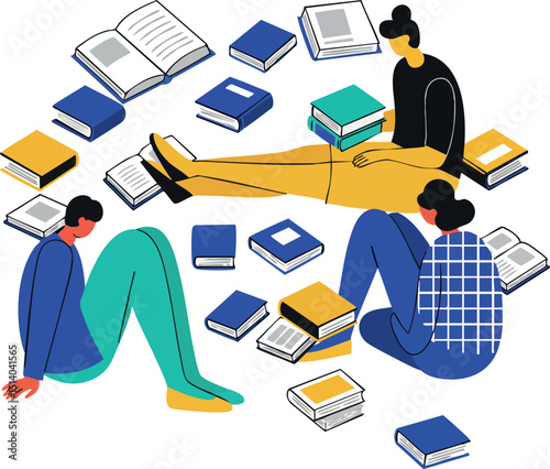 Group of people reading books surrounded by colorful books vector illustration 