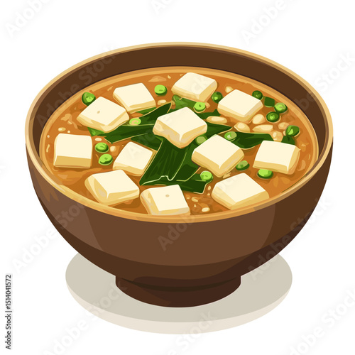 Miso Soup with Tofu Cubes and Seaweed Garnish