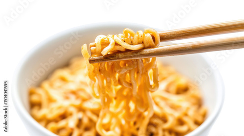 Delicious noodles held with chopsticks on white background.