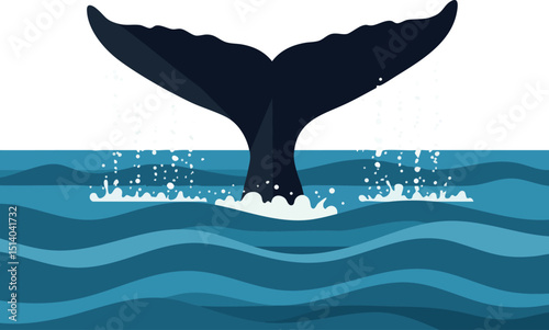 Whale tail diving into ocean water with splash in blue sea waves vector illustration 