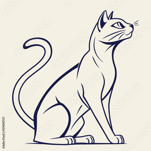 Simplistic line art depicts a stylized seated cat with an upward gaze on a light background