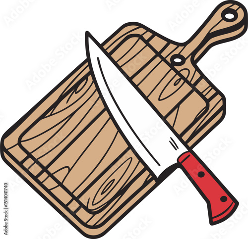 Knife resting on a wood cutting board with red handle outlined in black