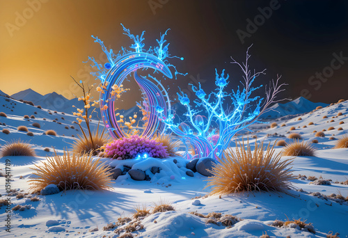 
Golden desert under pure snow, topped by advanced 3D hologram of glowing neon-blue ecosystems with digital flora.  

