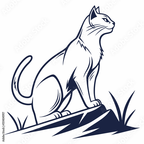 A cat sits atop a jagged rock amidst sparse grass gazing off into the distance