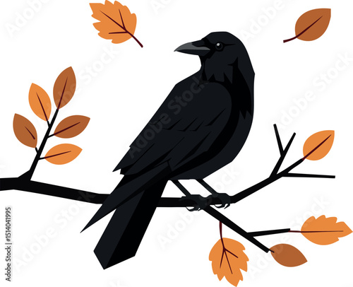 Black crow perched on branch with orange autumn leaves vector illustration 
