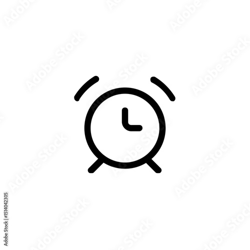 Illustration of a simple alarm clock with a round face and two bells on top in black and white color scheme
