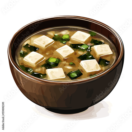 Miso Soup with Tofu Cubes and Seaweed Garnish
