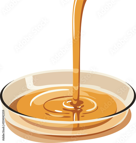 Honey pouring into glass bowl vector illustration with golden liquid flow natural design 