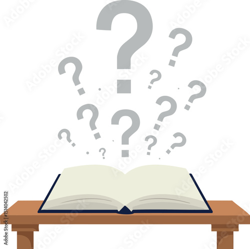 Open book with multiple question marks rising concept of curiosity and knowledge vector illustration 