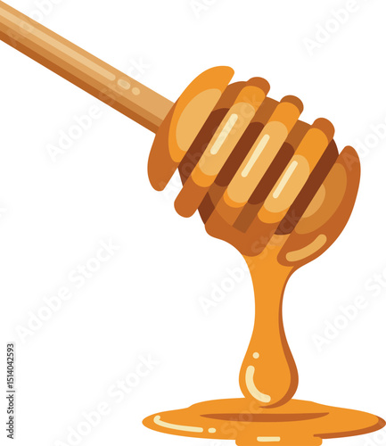Honey dipper with golden honey dripping sweet natural food vector illustration 