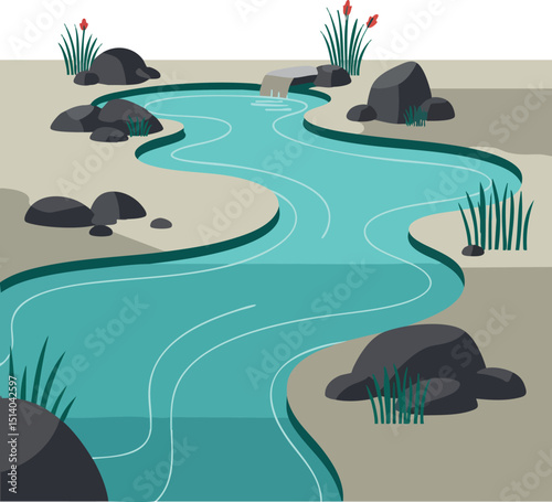 Curved blue river with rocks and green plants natural landscape vector illustration 