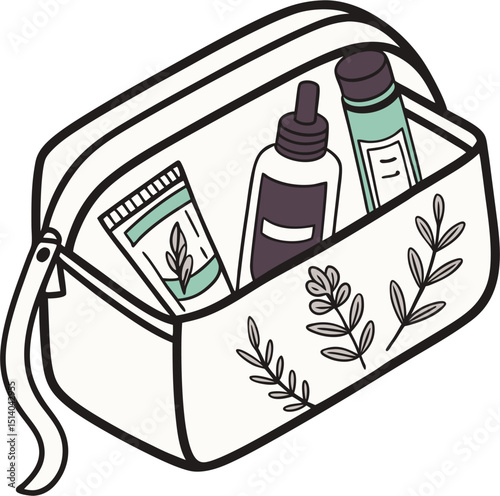 A cosmetic bag filled with toiletries decorated with botanical prints and a simple white background