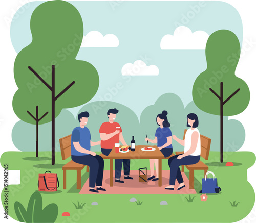 Group of friends enjoying picnic outdoors with trees and backpacks in natural setting 