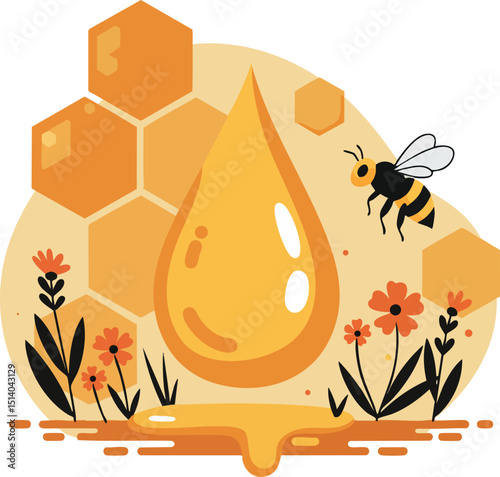 Honey drop with honeycomb bee and flowers natural sweet food vector illustration 
