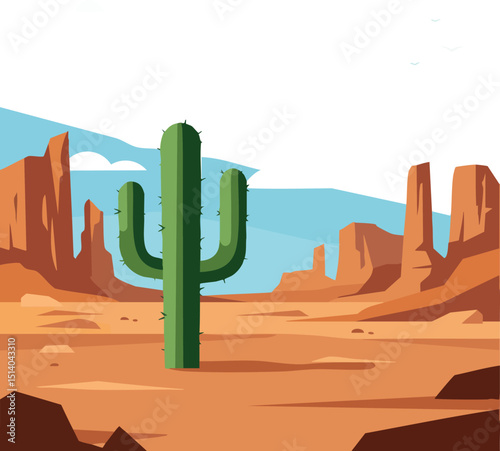 Cactus in Desert Landscape with Rocky Formations under Blue Sky Vector Illustration 