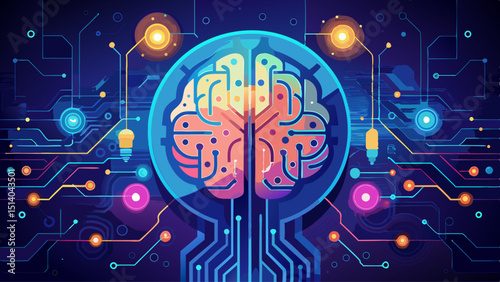 A glowing brain-shaped circuit board pulses with electric energy, representing artificial intelligence, machine learning, innovation, future technology, and the fusion of human thought with digital ne
